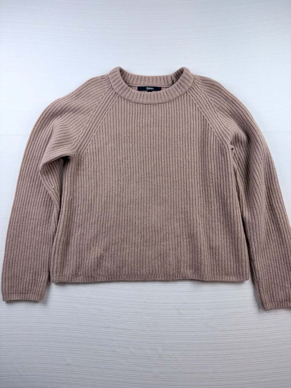 Quince Fisherman Sweater Size M Taupe Ribbed Knit Crewneck Cotton